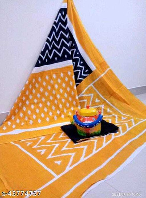 Printed Cotton Mulmul Saree Printed Daily Wear Pure Cotton Saree(Dark Blue, Yellow, White)