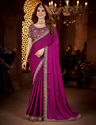 Laddu creation Embroidered Bollywood Silk Blend Saree(Magenta)