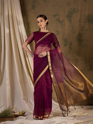 Kalista Woven, Embellished, Self Design Banarasi Organza, Silk Blend Saree(Purple)