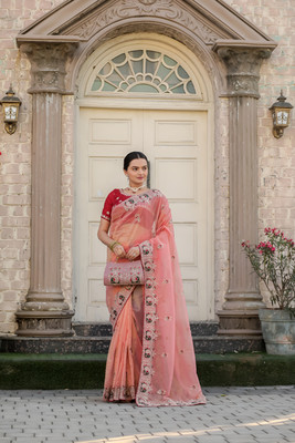JAy Bajrang Creation Embellished, Embroidered, Applique Bollywood Net Saree(Pink)