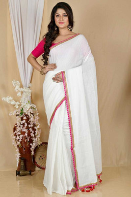 Mondal Saree Centre Solid/Plain Bollywood Pure Cotton Saree(White)