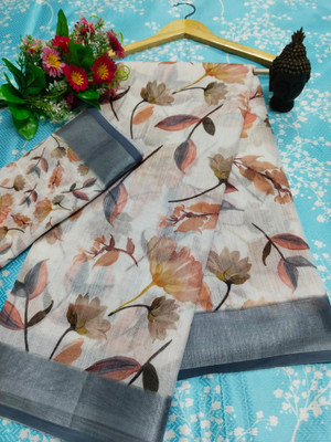 Mervadiya Digital Print Daily Wear Cotton Linen, Linen Saree(White)