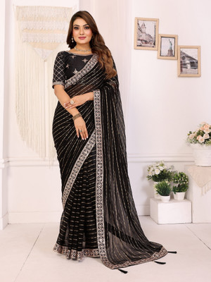 Varni Design Hub Embroidered, Embellished, Striped Bollywood Georgette Saree(Black)