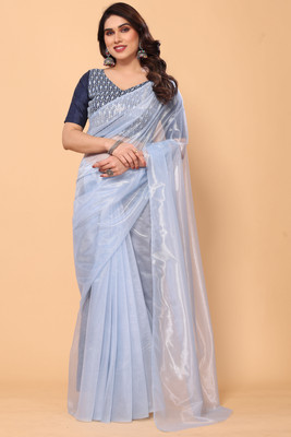Rityanusaar Solid/Plain Bollywood Net Saree(Light Blue)