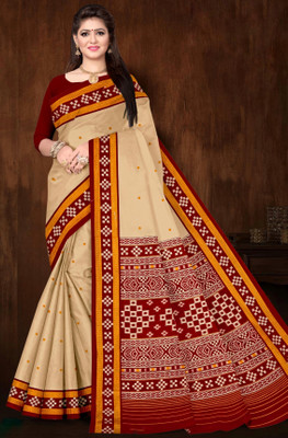 ETHNIC ODISHA HANDLOOM Printed Sambalpuri Pure Cotton Saree(Brown)