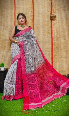 trogon Printed Handloom Cotton Silk Saree(White)
