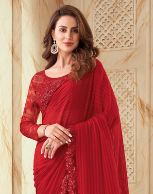 Satrani Woven, Embellished, Self Design Bollywood Georgette Saree(Red)