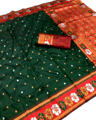 Femili Creation Woven, Floral Print Banarasi Art Silk Saree(Dark Green, Red)