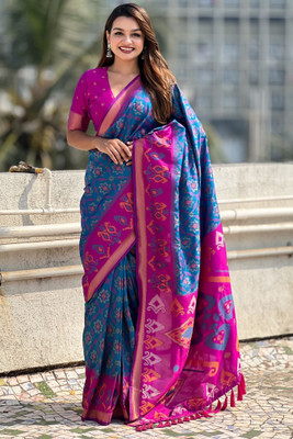 ROOP LAVANYA Woven Patola Cotton Silk, Jacquard Saree(Light Blue, Pink)