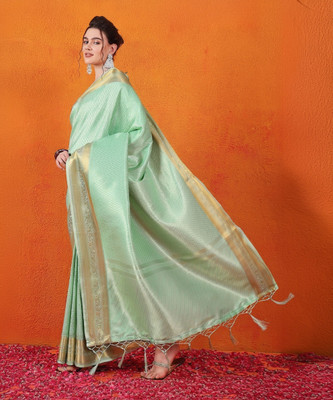 Vichitra Woven, Self Design Banarasi Silk Blend, Jacquard Saree(Green)