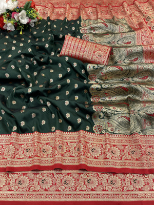 Divastri Woven, Self Design Kanjivaram Silk Blend, Pure Silk Saree(Dark Green, Red)