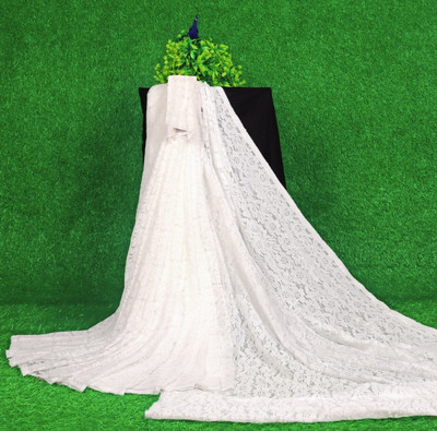 NORAFLEX Embroidered Bollywood Net Saree(White)