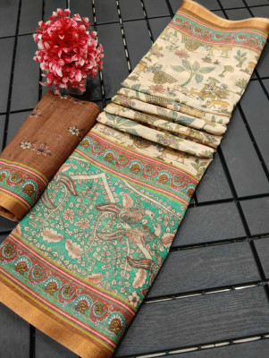 Saaransh Floral Print Kanjivaram Linen, Cotton Silk Saree(Multicolor)