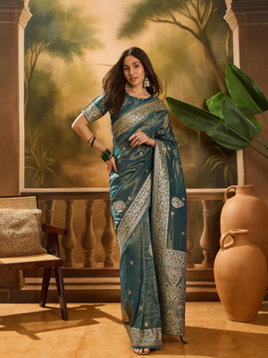 Sangria Self Design Saree with Attached Blouse Silk Blend Saree(Light Blue)