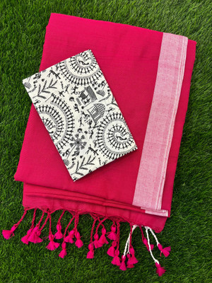 SMRITI BOUTIQUE Printed Bollywood Handloom Pure Cotton Saree(Pink, White, Black)