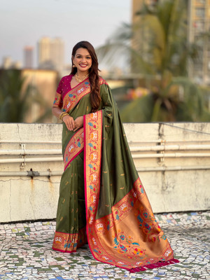 all about you Woven Paithani Silk Blend Saree(Dark Green)