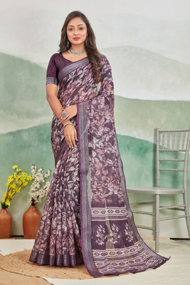 JERAVI Enterprise Digital Print Mysore Cotton Linen Saree(Purple)