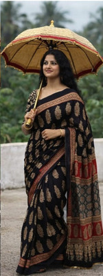 Shiv Clothing Printed Handloom Pure Cotton Saree(Black)