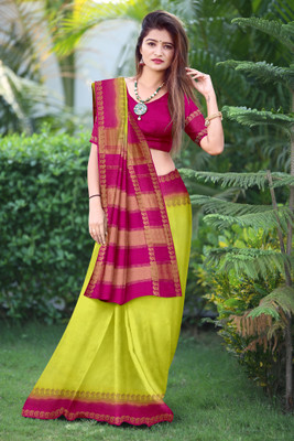 JERAVI Enterprise Embroidered Kanjivaram Brasso, Georgette Saree(Yellow, Pink)
