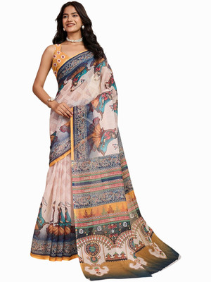 Zuiqe Digital Print Bollywood Linen Saree(White)