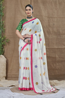 SHRIMAY Checkered Daily Wear Cotton Linen Saree(Cream)