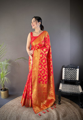 SHARDHA FASHION Woven, Self Design Banarasi Pure Silk, Tissue Saree(Black, Yellow, Purple)