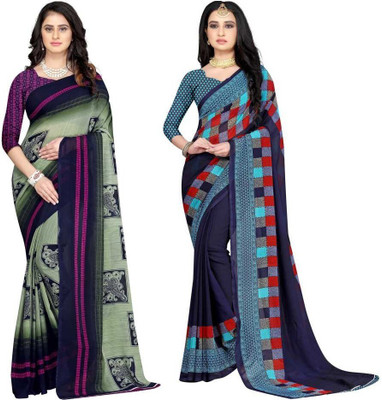 Leelavati Printed Daily Wear Georgette Saree(Pack of 2, Dark Blue, Light Green)