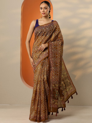 LIBAS Printed Daily Wear Silk Blend Saree(Brown)
