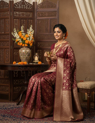 Bindi Solid/Plain Banarasi Jacquard Saree(Maroon)