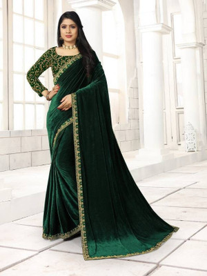 SNH EXPORT Self Design Bollywood Velvet Saree(Green)