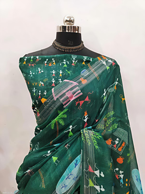 VCREATION Digital Print Bollywood Cotton Linen Saree(Dark Green)