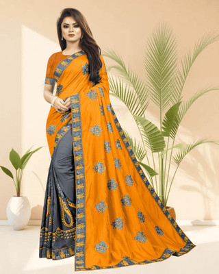 SHOBHTESH Embroidered Madhubani Silk Blend, Net Saree(Mustard, Grey)