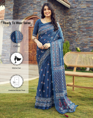 SIRIL Geometric Print, Printed Hand Batik Cotton Blend Saree(Blue, White)