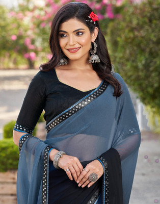 Samah Ombre, Solid/Plain, Embellished Bollywood Georgette Saree(Grey, Black)