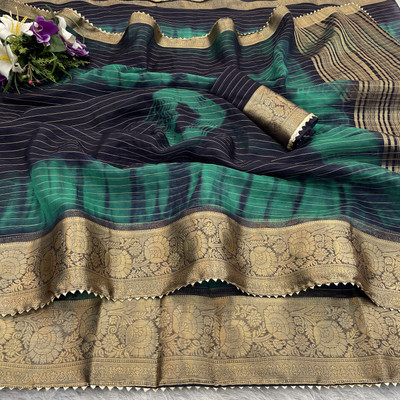 Adiyogi Enterprise Striped, Tie-Dye, Woven Bollywood Organza Saree(Black, Grey)