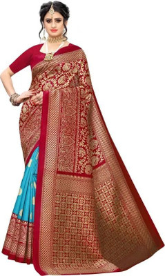 Grubstaker Printed, Woven Assam Silk Art Silk Saree(Light Blue, Red)