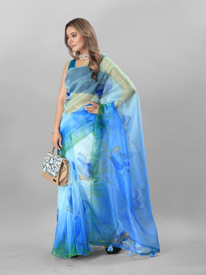 THIRA Digital Print Bollywood Organza Saree(Blue)