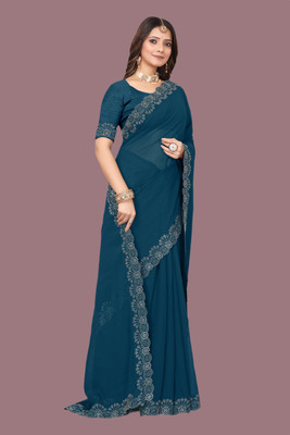 rudraCreation Solid/Plain, Embellished Mysore Georgette Saree(Beige, Magenta)