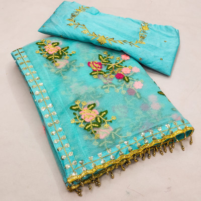 KHRITI FAB Embroidered, Floral Print Bollywood Net Saree(Light Blue)