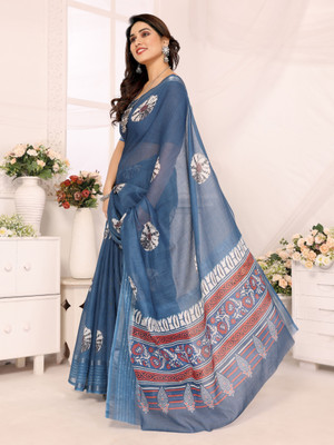 Soor Panchi Floral Print Bollywood Cotton Linen Saree(Blue)