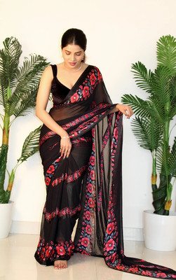 Bombey Velvat Fab Printed, Solid/Plain Venkatagiri Crepe, Chiffon Saree(Black, Red)