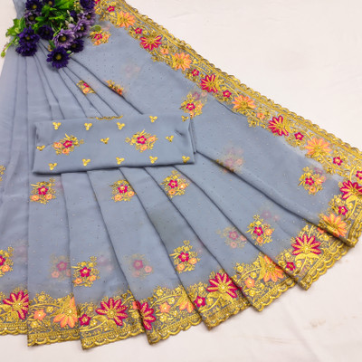 KHRITI FAB Embroidered, Floral Print Bollywood Georgette Saree(Grey)