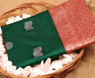 SHRIMAY Woven Kanjivaram Silk Blend Saree(Red, Green)
