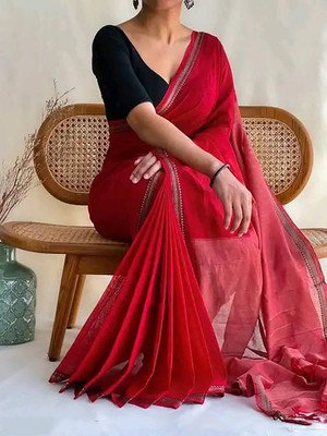 HouseOfCommon Solid/Plain, Printed Handloom Cotton Blend Saree(Red)