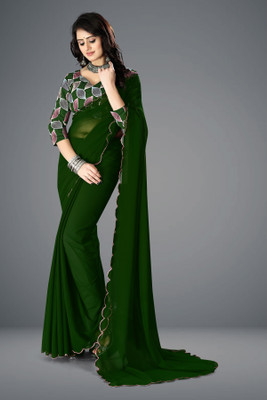 NS WORLD Solid/Plain Bollywood Georgette Saree(Dark Green)