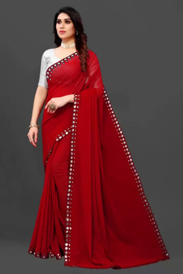 FINEFABRICS Embellished Bollywood Georgette Saree(Red)