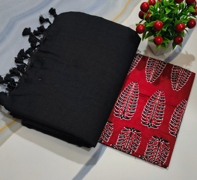 JHILUU Solid/Plain, Printed Handloom Cotton Blend Saree(Pack of 2, Black, Red)