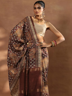 LIBAS Printed Daily Wear Silk Blend Saree(Brown)