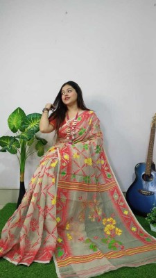 Saree Kutir Maayer Aashirwad Self Design Jamdani Cotton Silk Saree(Beige)
