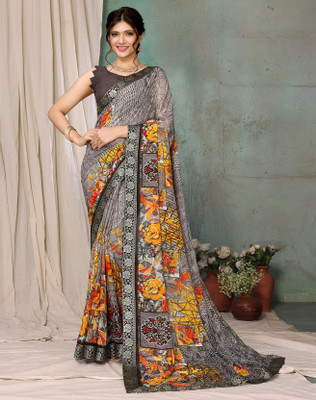 YASHIKA Printed Bandhani Georgette, Lace Saree(Grey)